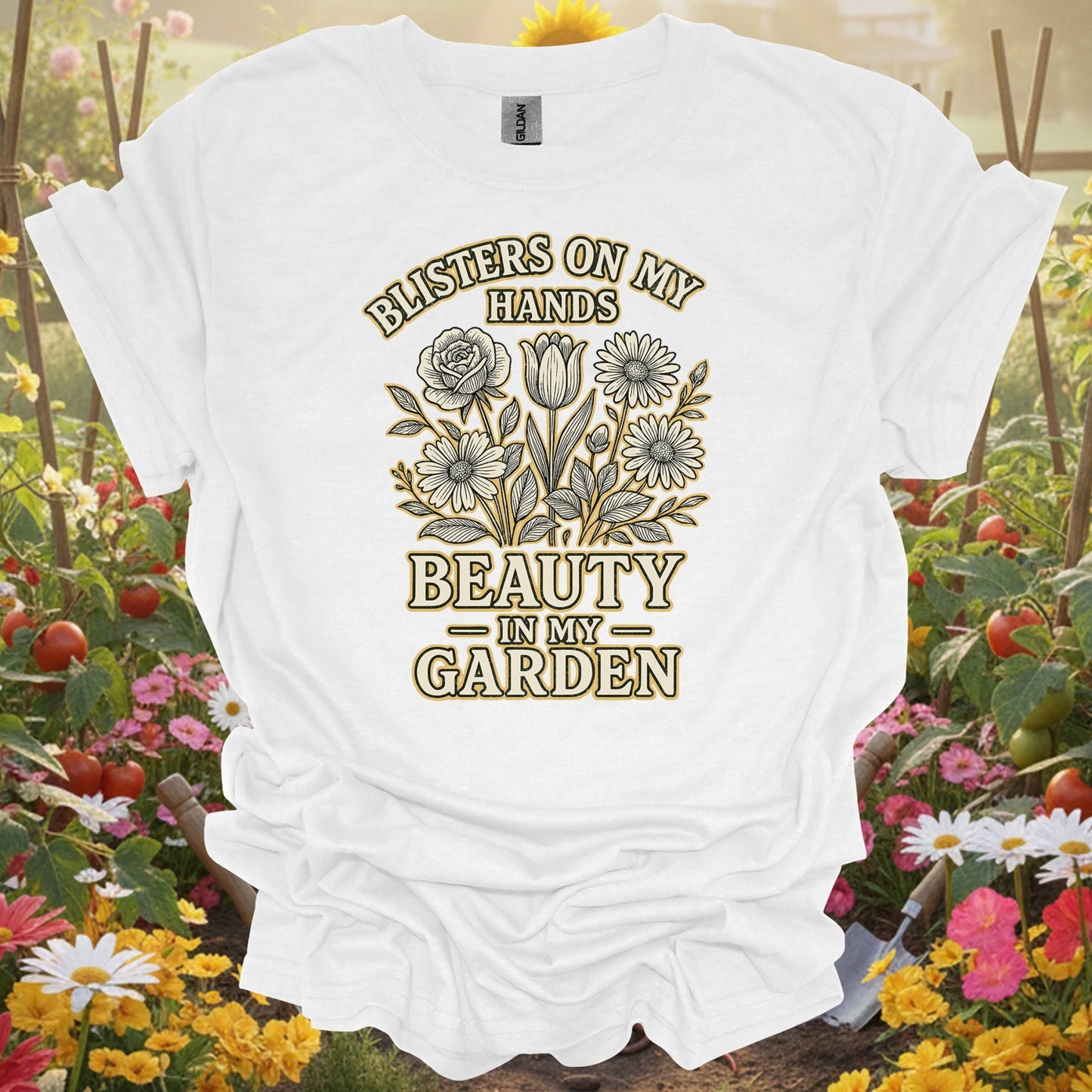Blisters on My Hands, Beauty in My Garden–an elegant gardening t-shirt - GardeningTshirts