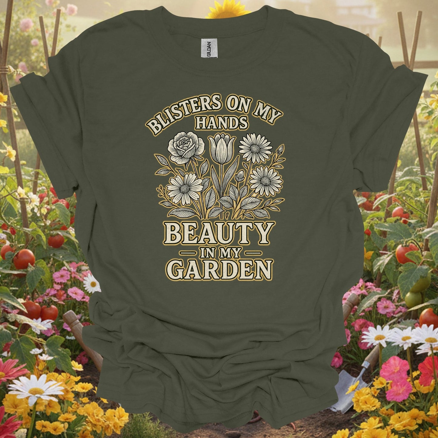 Blisters on My Hands, Beauty in My Garden–an elegant gardening t-shirt - GardeningTshirts