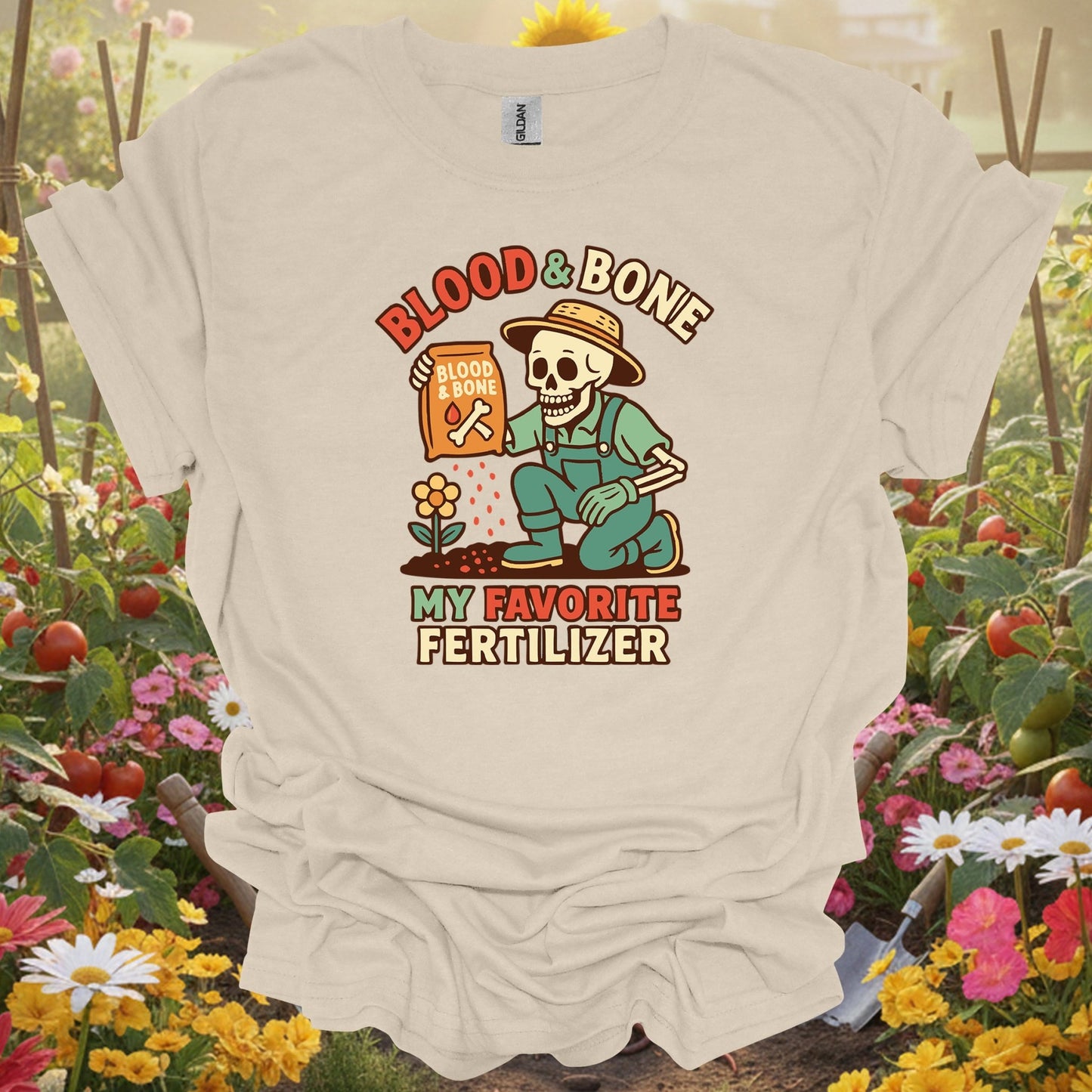 "Blood & Bone" Funny Skeleton Dark Humor Gardener Fertilizer Tee - GardeningTshirts