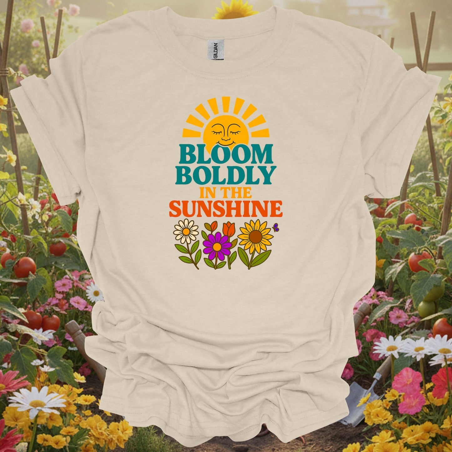 Natural tshirt showing bloom boldly in the sunshine retro for people who love plants