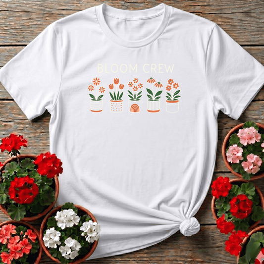 White boho earthy floral gardening shirt with "Bloom Crew" terracotta pots illustration for plant moms