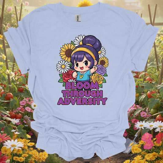 "Bloom Through Adversity" Motivational Chibi Anime Style Flower Power Distressed Tee - GardeningTshirts
