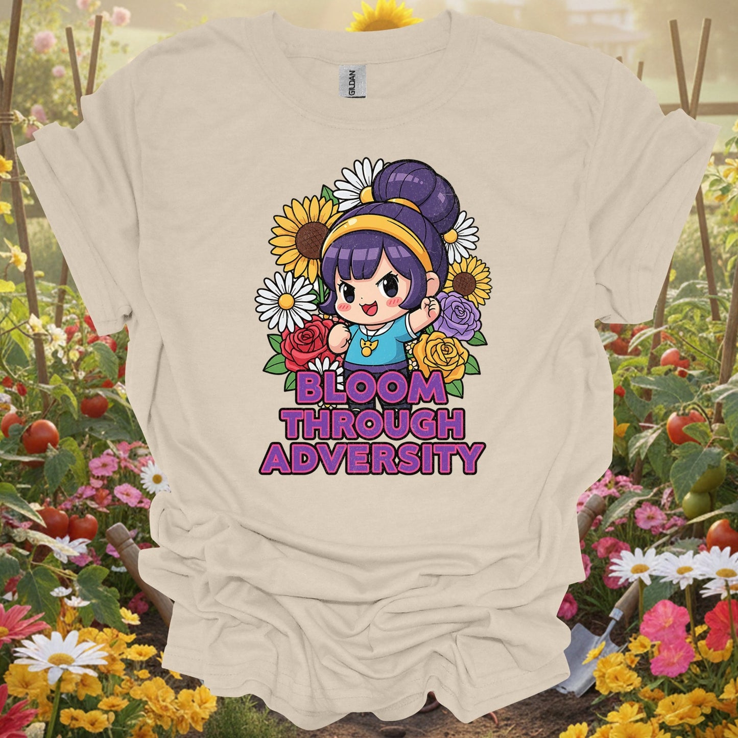 "Bloom Through Adversity" Motivational Chibi Anime Style Flower Power Distressed Tee - GardeningTshirts