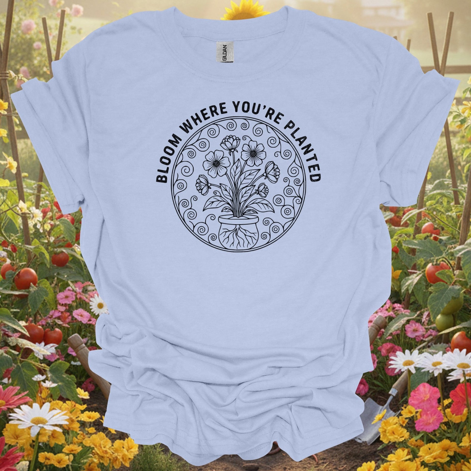 Bloom Where You Are Planted Black Botanical Garden Shirt – Elegant Floral Line Art for Gardeners - GardeningTshirts