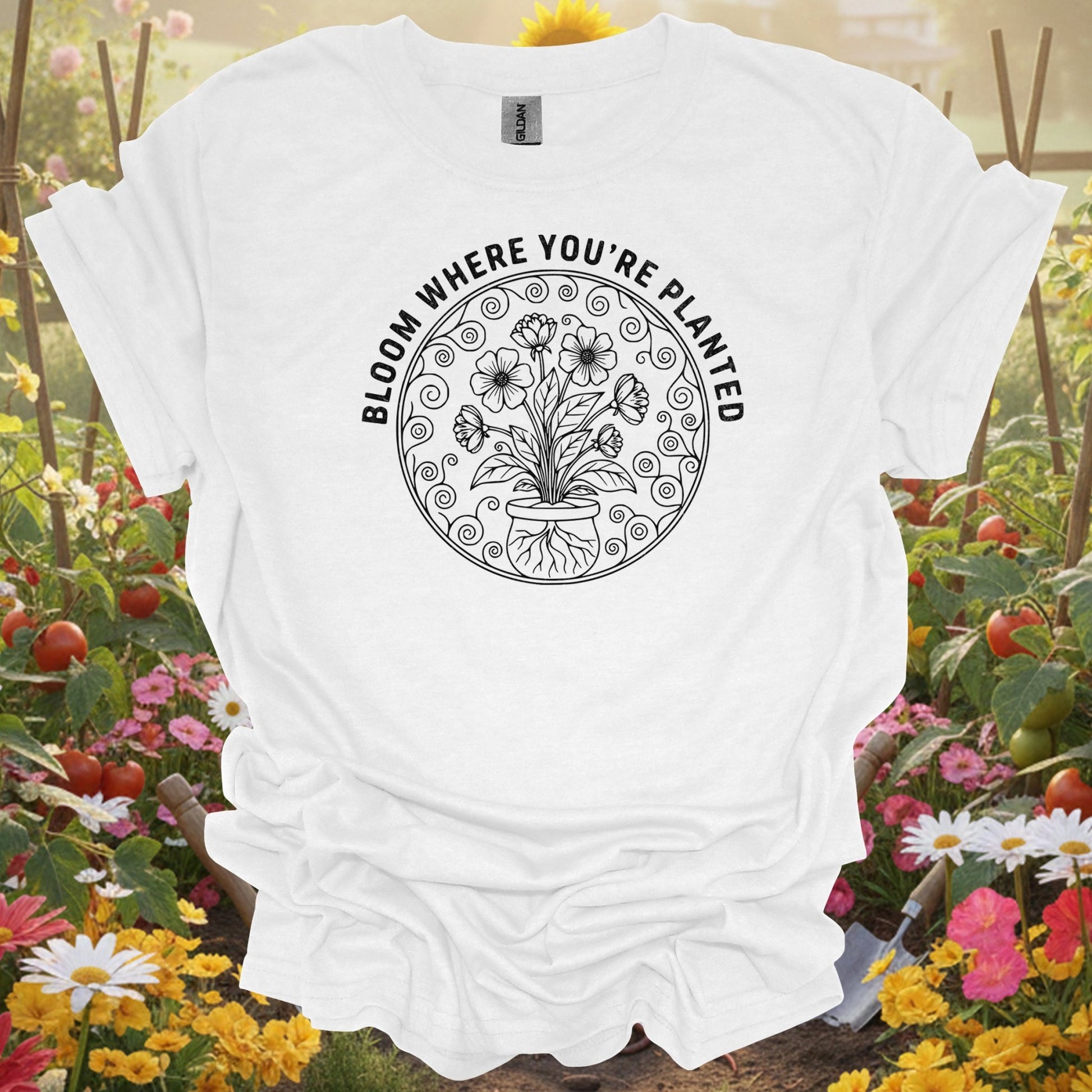 Bloom Where You Are Planted Black Botanical Garden Shirt – Elegant Floral Line Art for Gardeners - GardeningTshirts