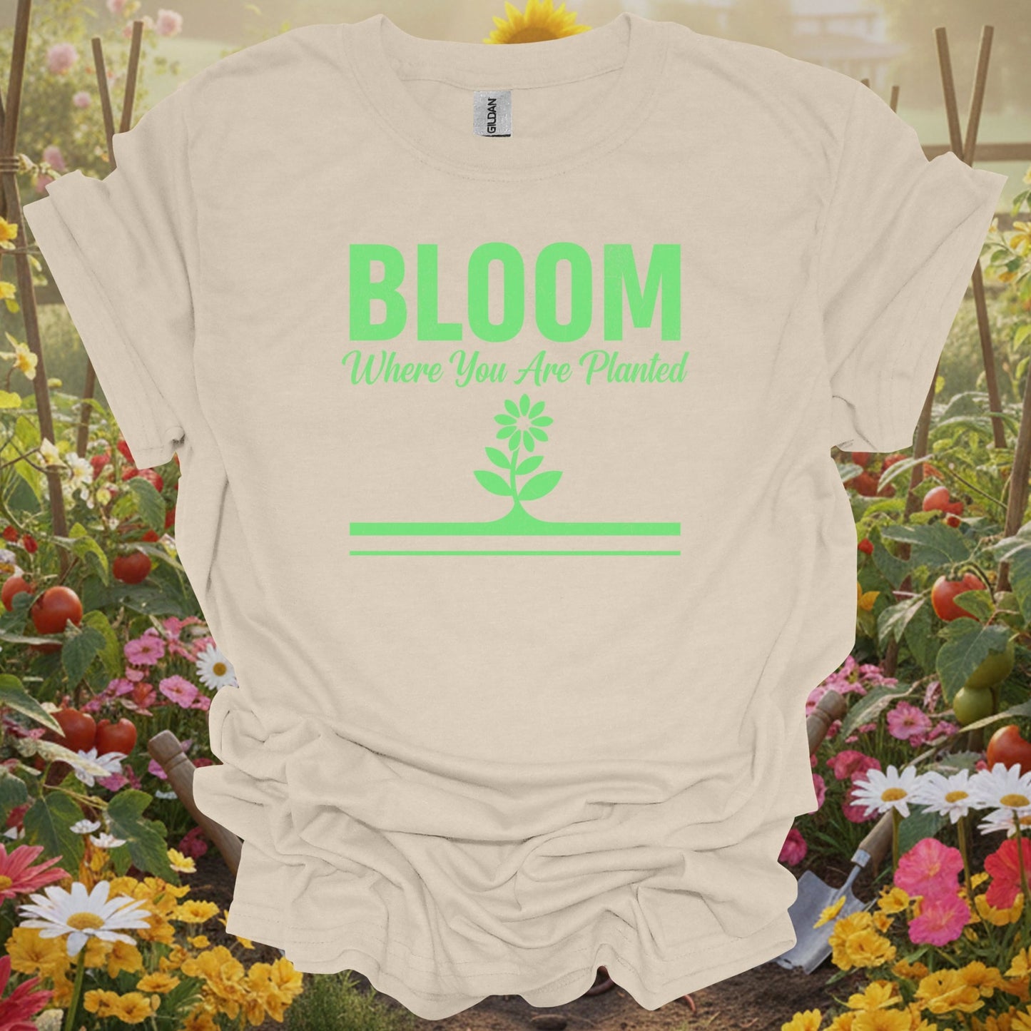 Natural tshirt showing bloom where you are planted inspirational flower for people who love plants