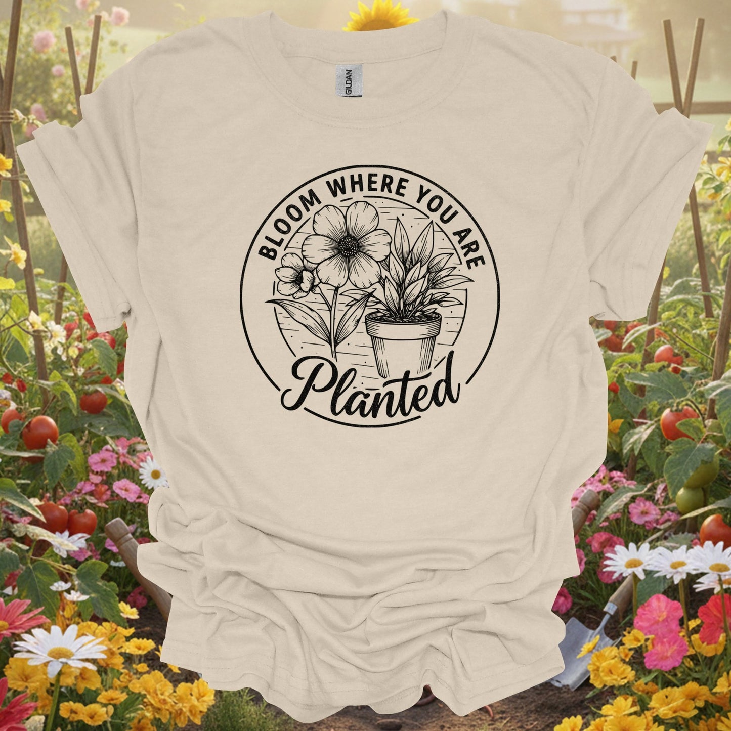 "Bloom Where You Are Planted" Vintage Distressed Botanical Badge T-Shirt - GardeningTshirts