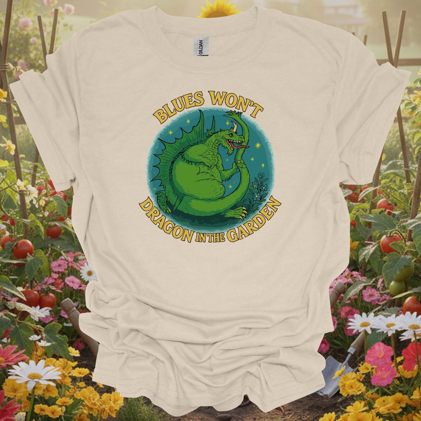 Natural tshirt showing funny dragon with blues won't dragon garden pun for folks who won't let anything drag them down