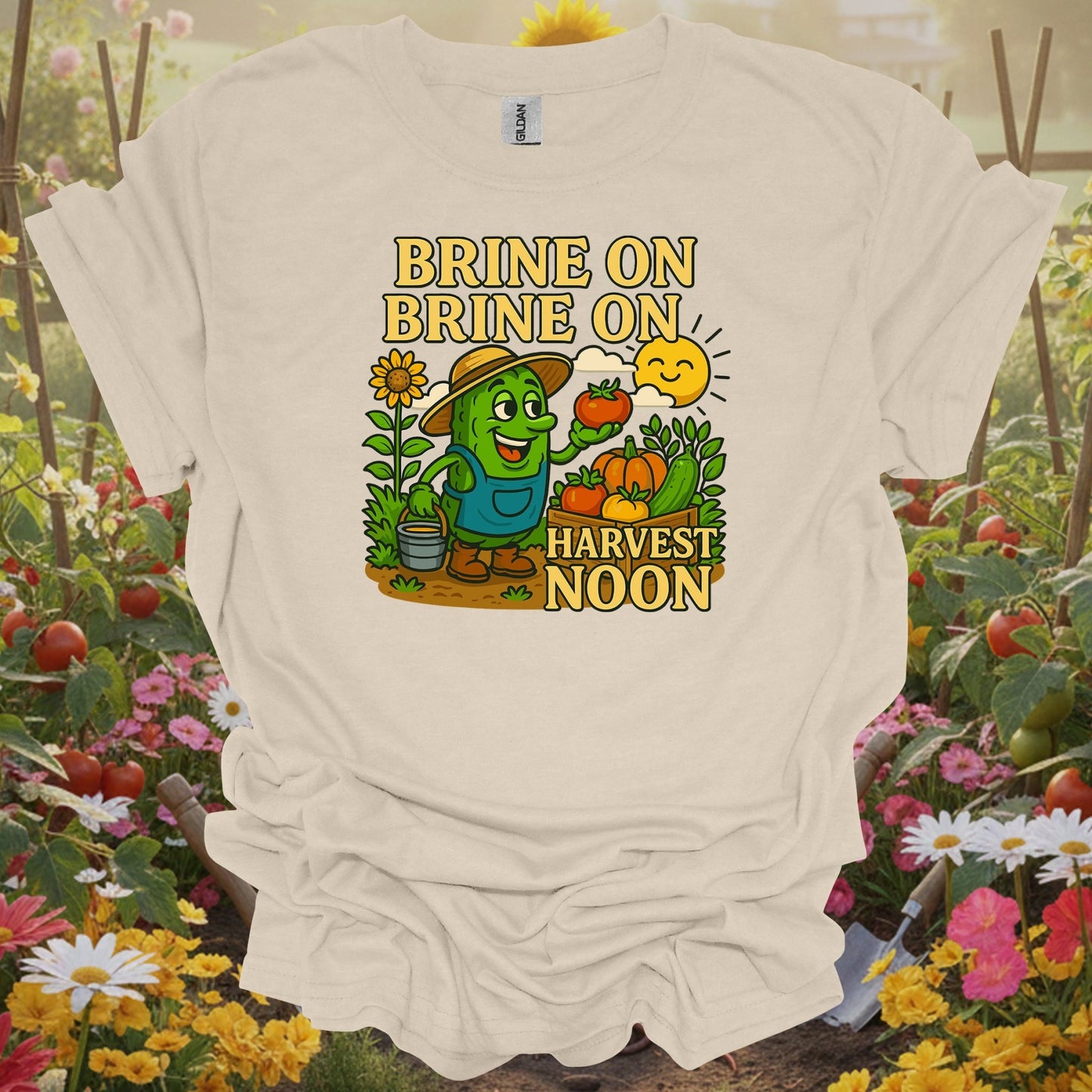 Natural tshirt showing funny pickle with brine on harvest moon pun for gardeners with a sense of humor