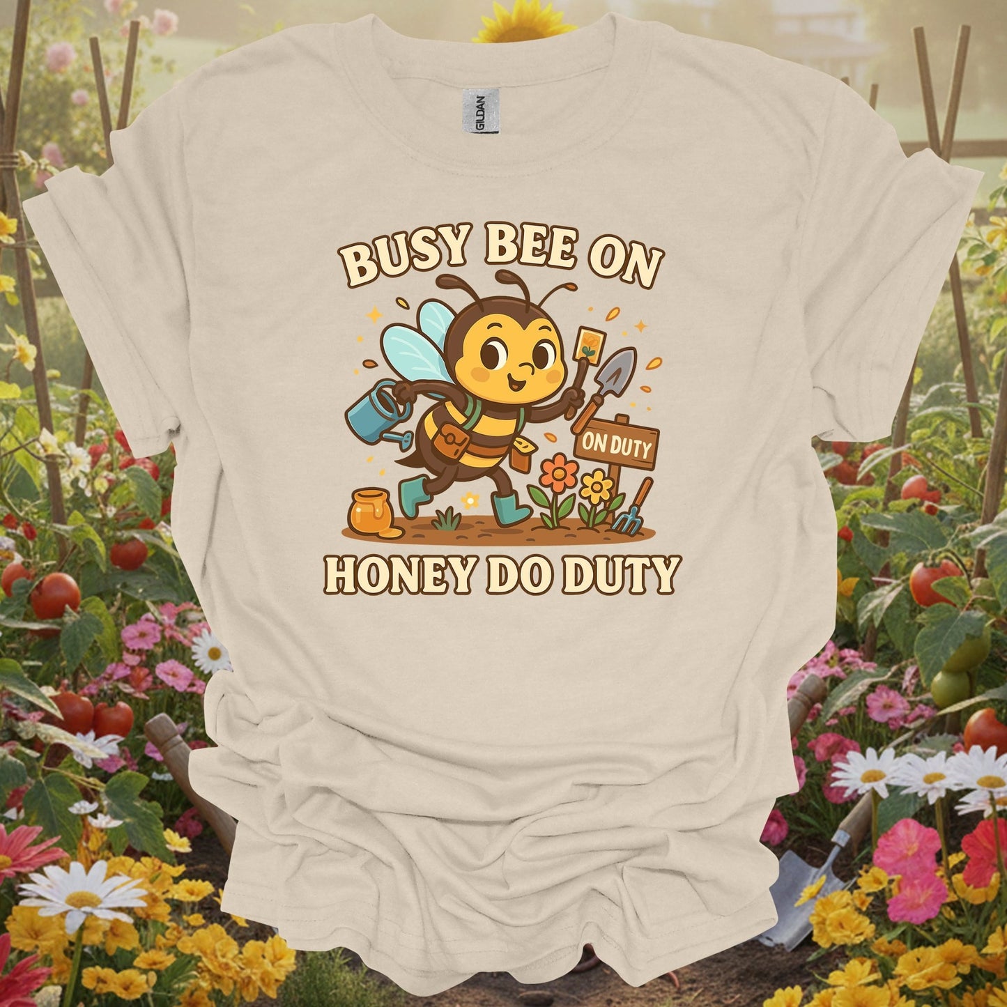 Natural tshirt showing whimsical busy bee on honey do duty for folks handling honey do lists