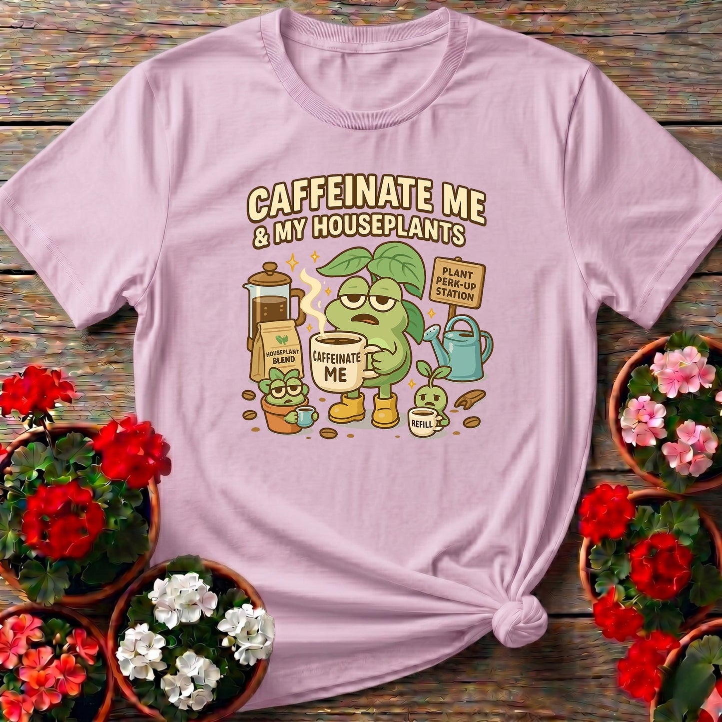 Caffeinate Me & My Houseplants Funny T-shirt - GardeningTshirts