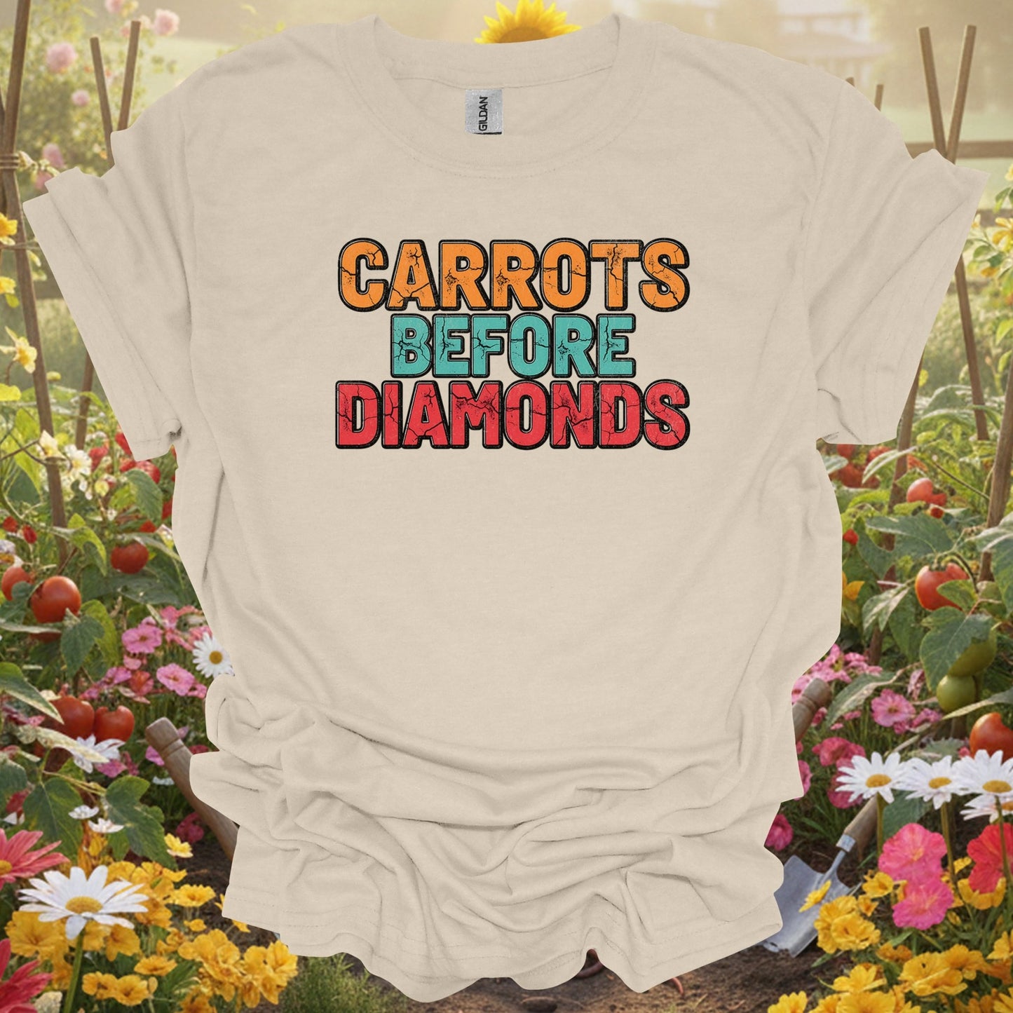 "Carrots Before Diamonds" Distressed Vegetable Lover Slogan Tee - GardeningTshirts