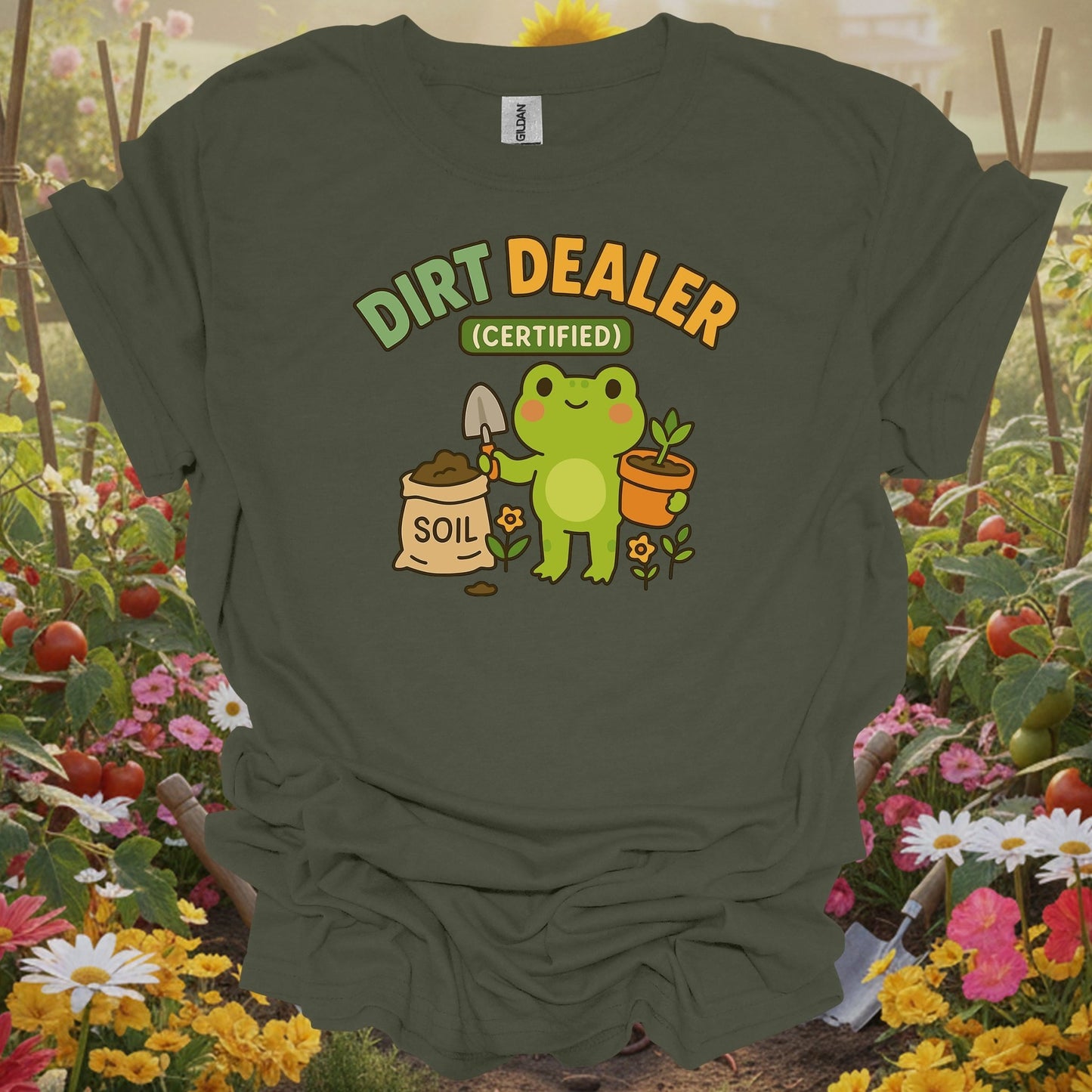 Military Green gardening tee with a retro-inspired storybook look designed as a functional piece of art for growers.