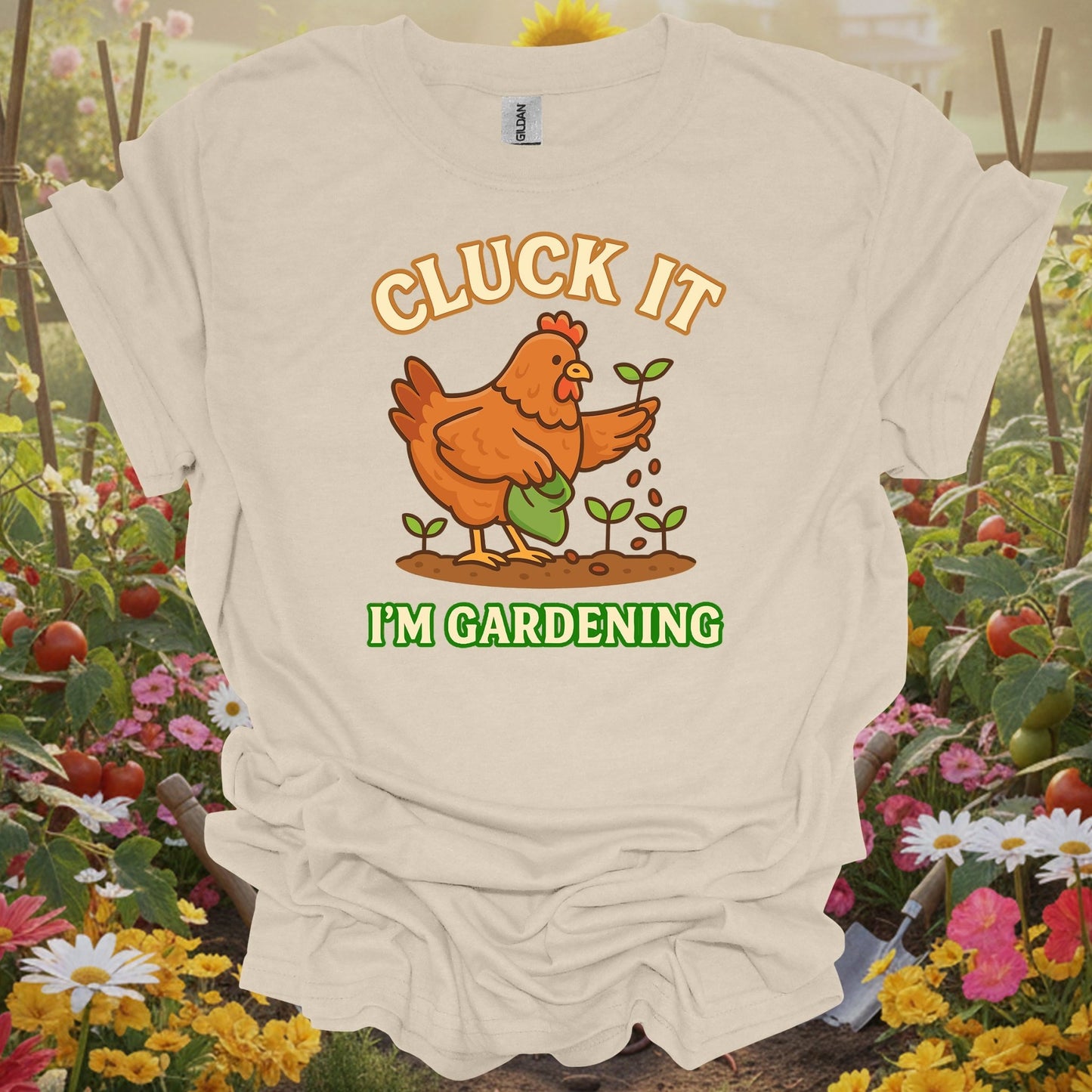 Natural apparel featuring a cluck it gardening theme on a soft shirt that perfectly captures a playful spirit.