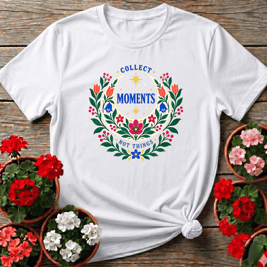 White cottagecore celestial floral shirt with "Collect Moments Not Things" for mindful gardeners