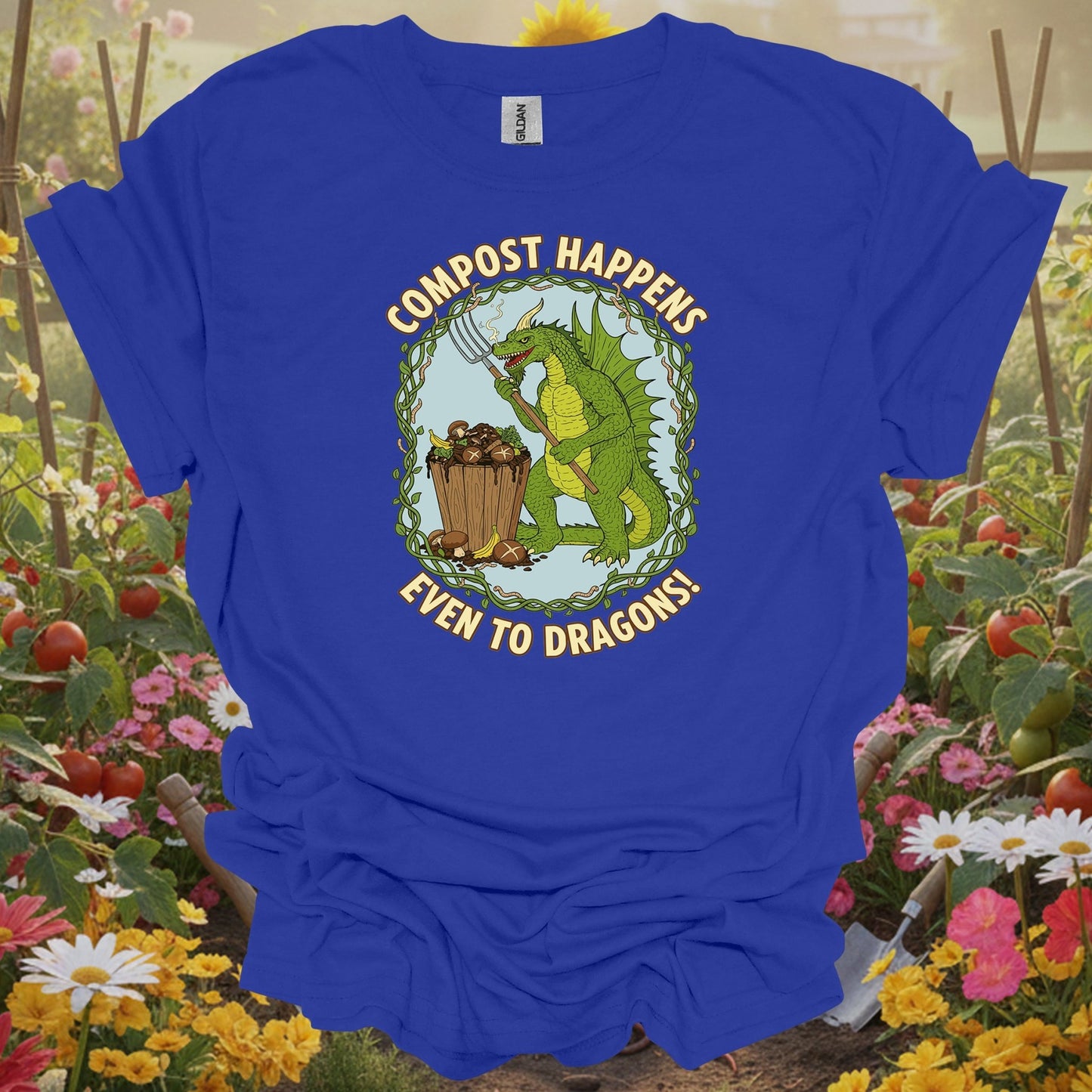 Royal tshirt showing a charming garden dragon who represents the protective and patient spirit required for a successful composting project for square foot gardeners optimizing limited space