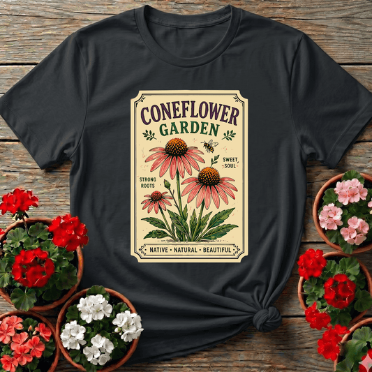 Black vintage seed packet gardening tee with coneflower illustration "Strong Roots Sweet Soul" for native plant lovers