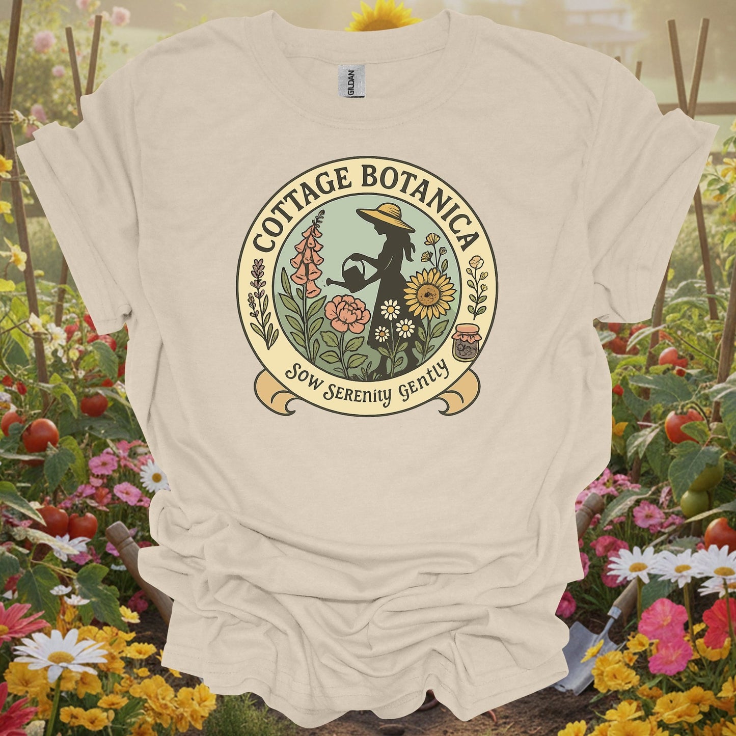 Natural tshirt showing cottage botanica sow serenity gently gardening for people who love plants