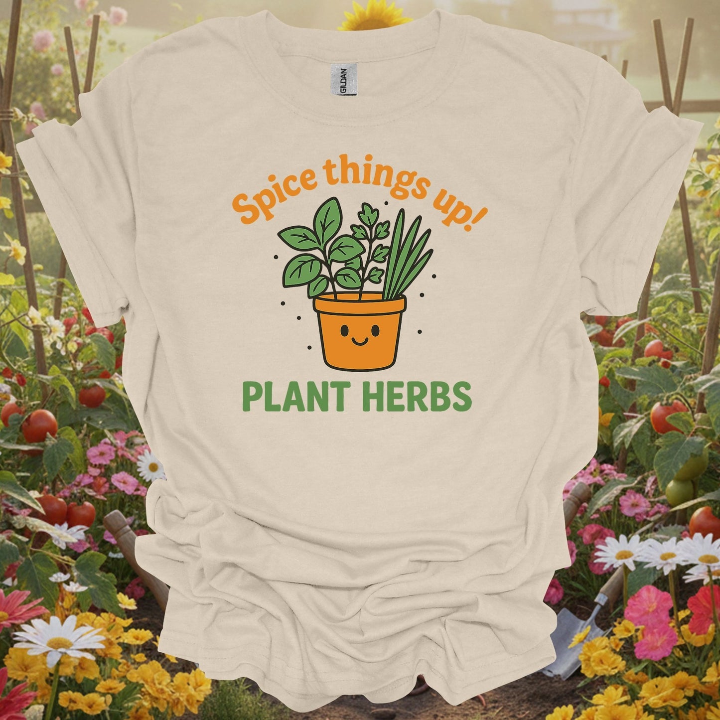 Natural tshirt showing kawaii cute herb garden spice things up graphic for cute style gardeners