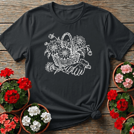 Black vintage botanical line art gardening tee with dahlia harvest basket and garden gloves for flower gardeners