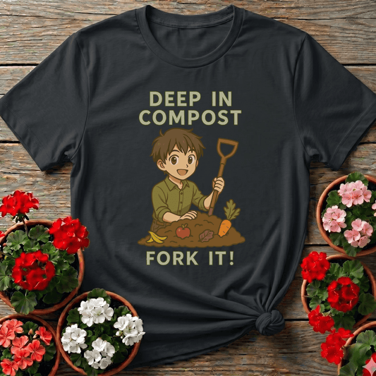 Black kawaii anime gardening tee "Deep In Compost Fork It" for backyard composters