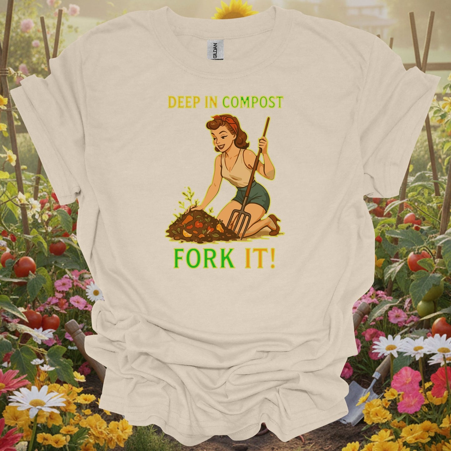 Natural top with an earthy vibe storybook art piece showing a gardener and her compost for cottage garden enthusiasts.