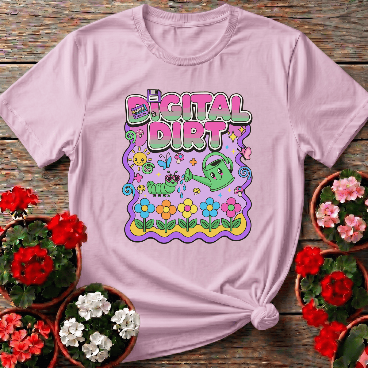 Light Pink y2k kawaii gardening shirt with Digital Dirt pastel lettering and cute caterpillar watering can scene