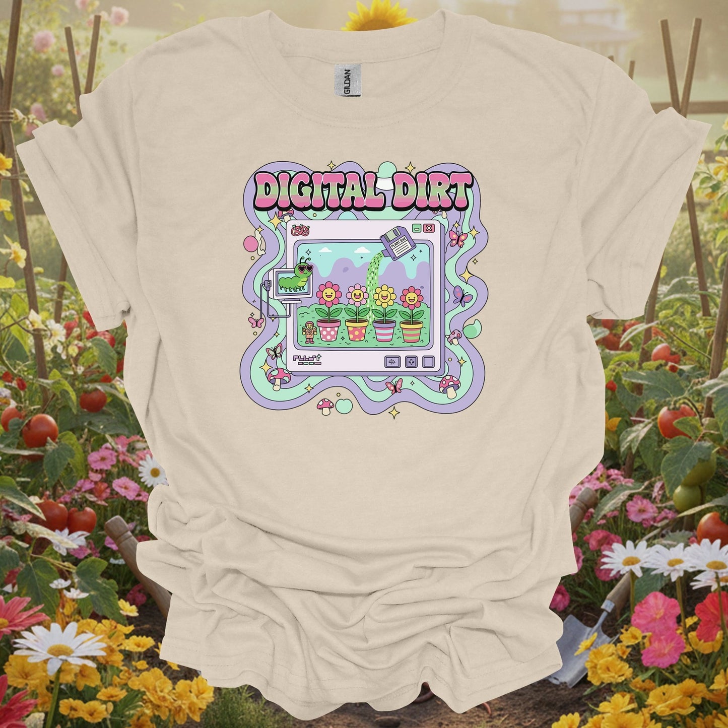 Natural tshirt showing digital dirt y2k kidcore computer gardening for people who love plants