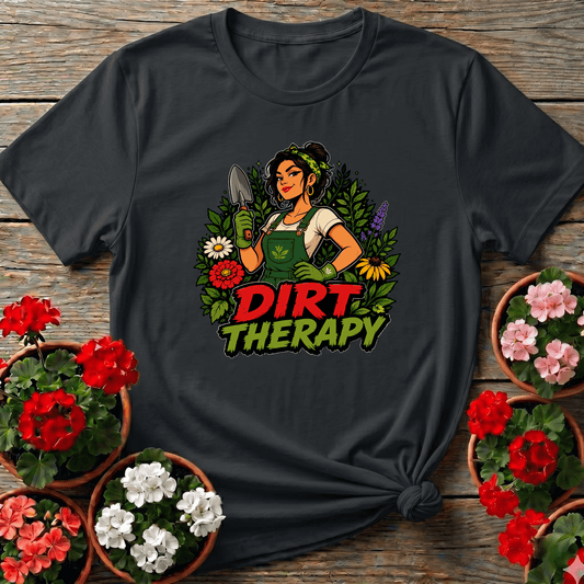 Black bold retro illustration gardening tee "Dirt Therapy" for confident women gardeners