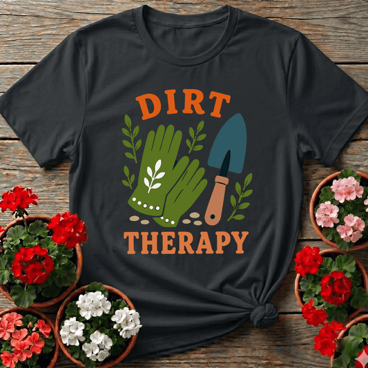 Black cottagecore botanical gardening tee with "Dirt Therapy" for plant lovers