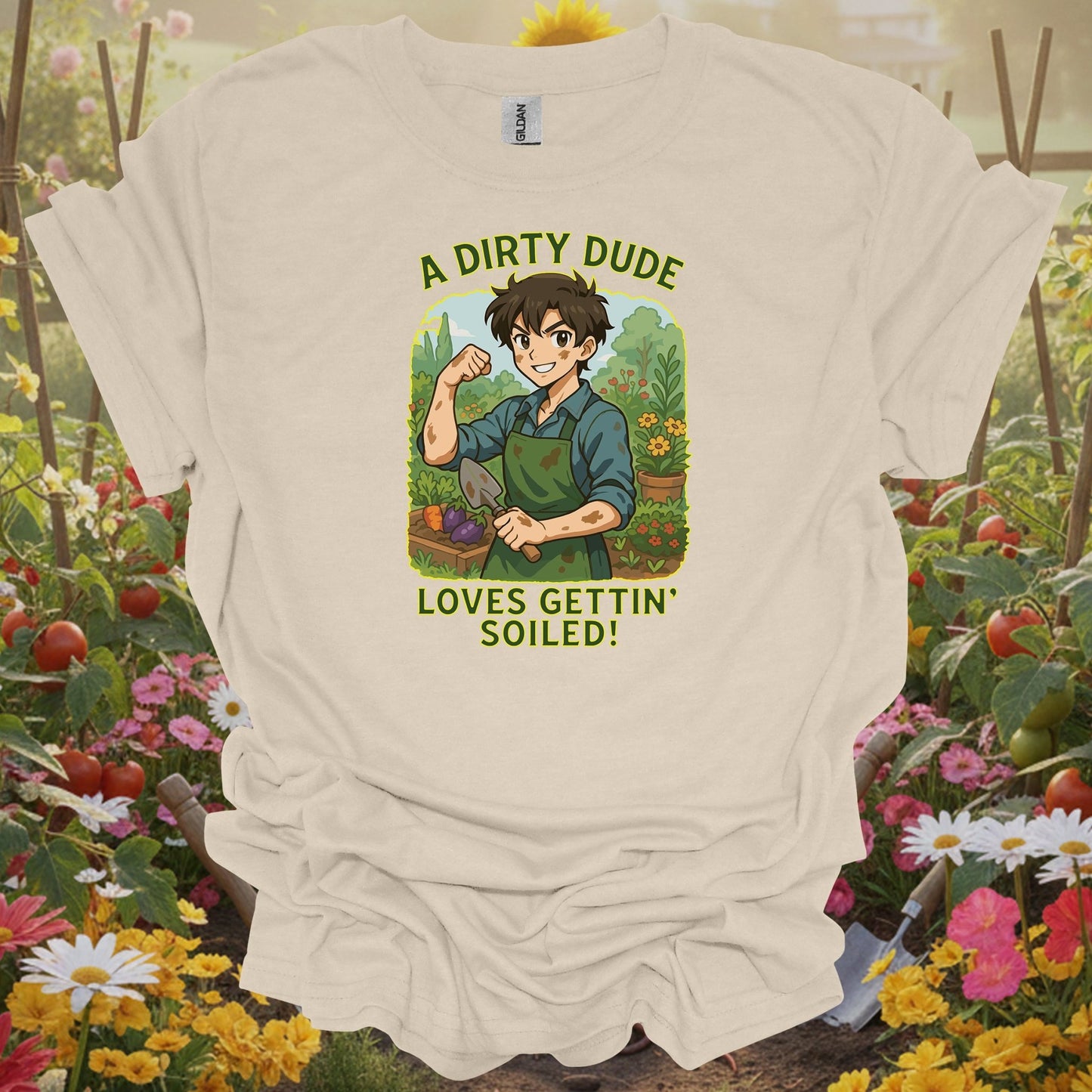Natural tshirt showing playful manga-style dirty dude getting soiled for people comfortable getting muddy