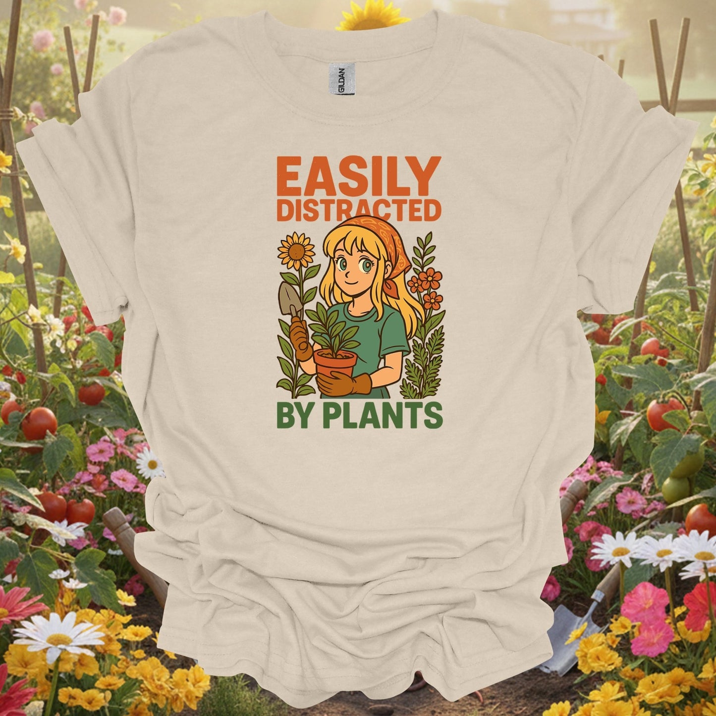 Natural tshirt showing easily distracted by plants anime gardener for people who love plants