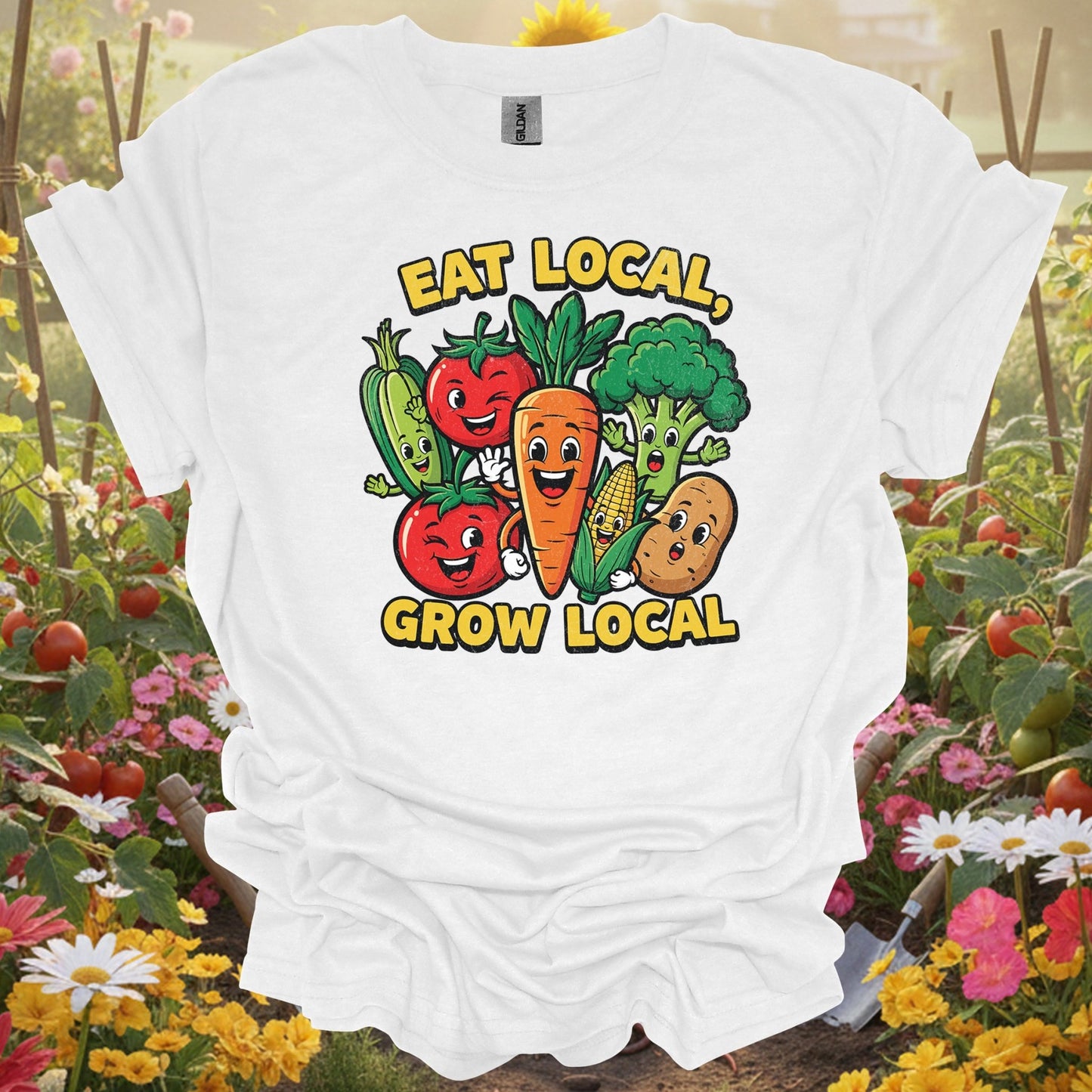 Eat Local, Grow Local 🍅🌽 colorful gardening and sustainability t-shirt - GardeningTshirts