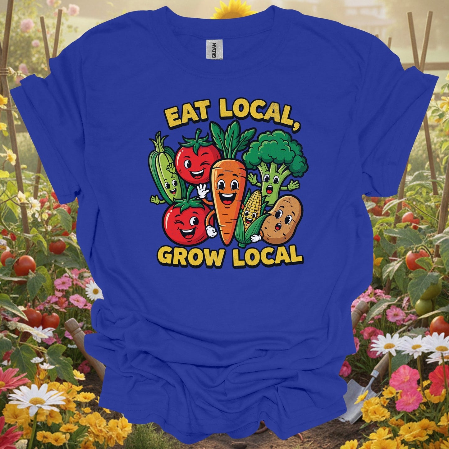 Eat Local, Grow Local 🍅🌽 colorful gardening and sustainability t-shirt - GardeningTshirts