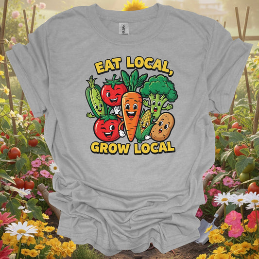 Eat Local, Grow Local 🍅🌽 colorful gardening and sustainability t-shirt - GardeningTshirts
