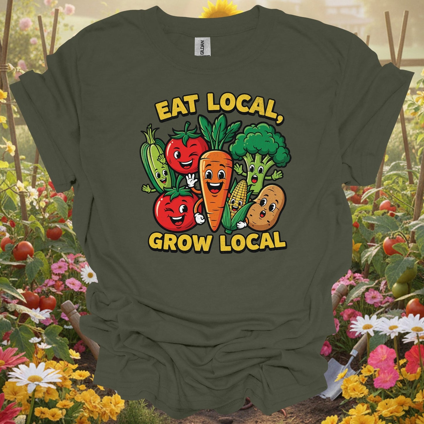 Eat Local, Grow Local 🍅🌽 colorful gardening and sustainability t-shirt - GardeningTshirts