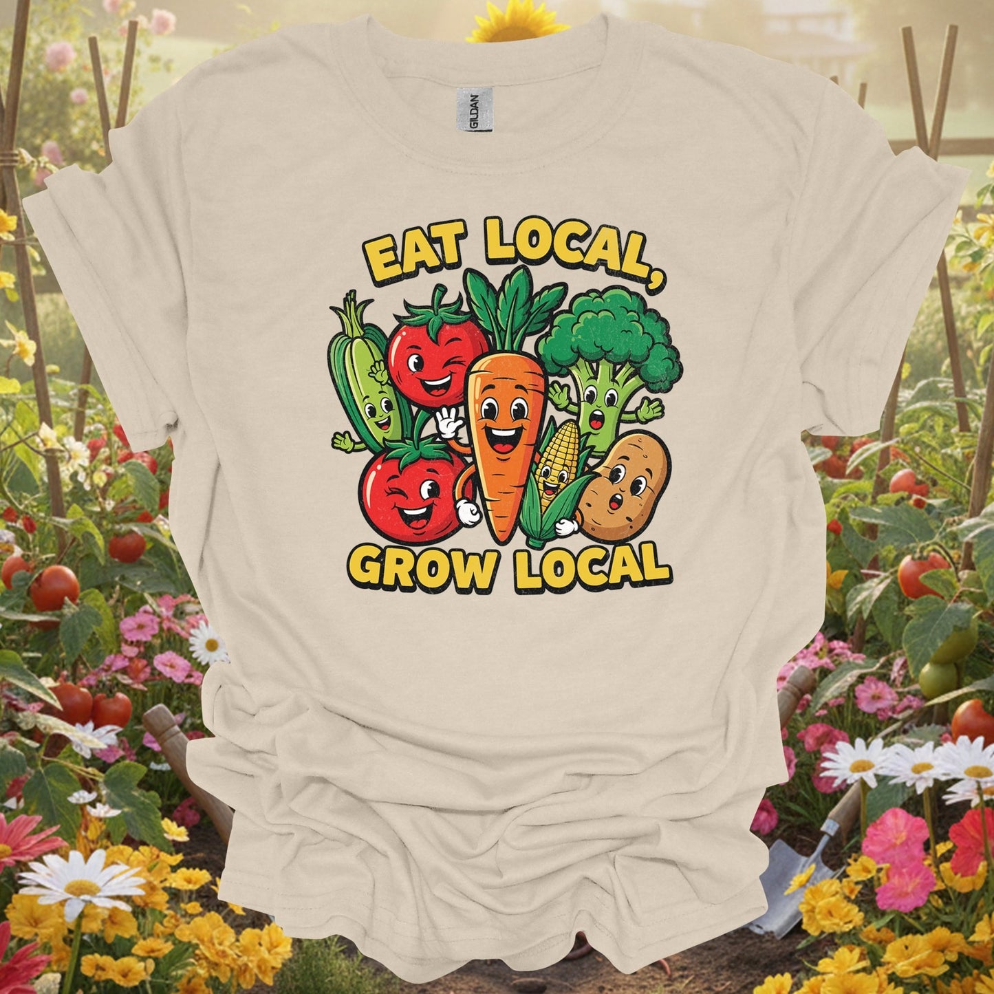Eat Local, Grow Local 🍅🌽 colorful gardening and sustainability t-shirt - GardeningTshirts