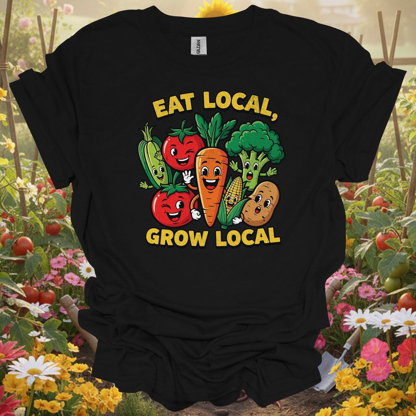 Eat Local, Grow Local 🍅🌽 colorful gardening and sustainability t-shirt - GardeningTshirts