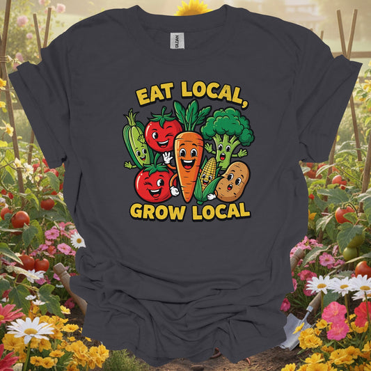 Eat Local, Grow Local 🍅🌽 colorful gardening and sustainability t-shirt - GardeningTshirts