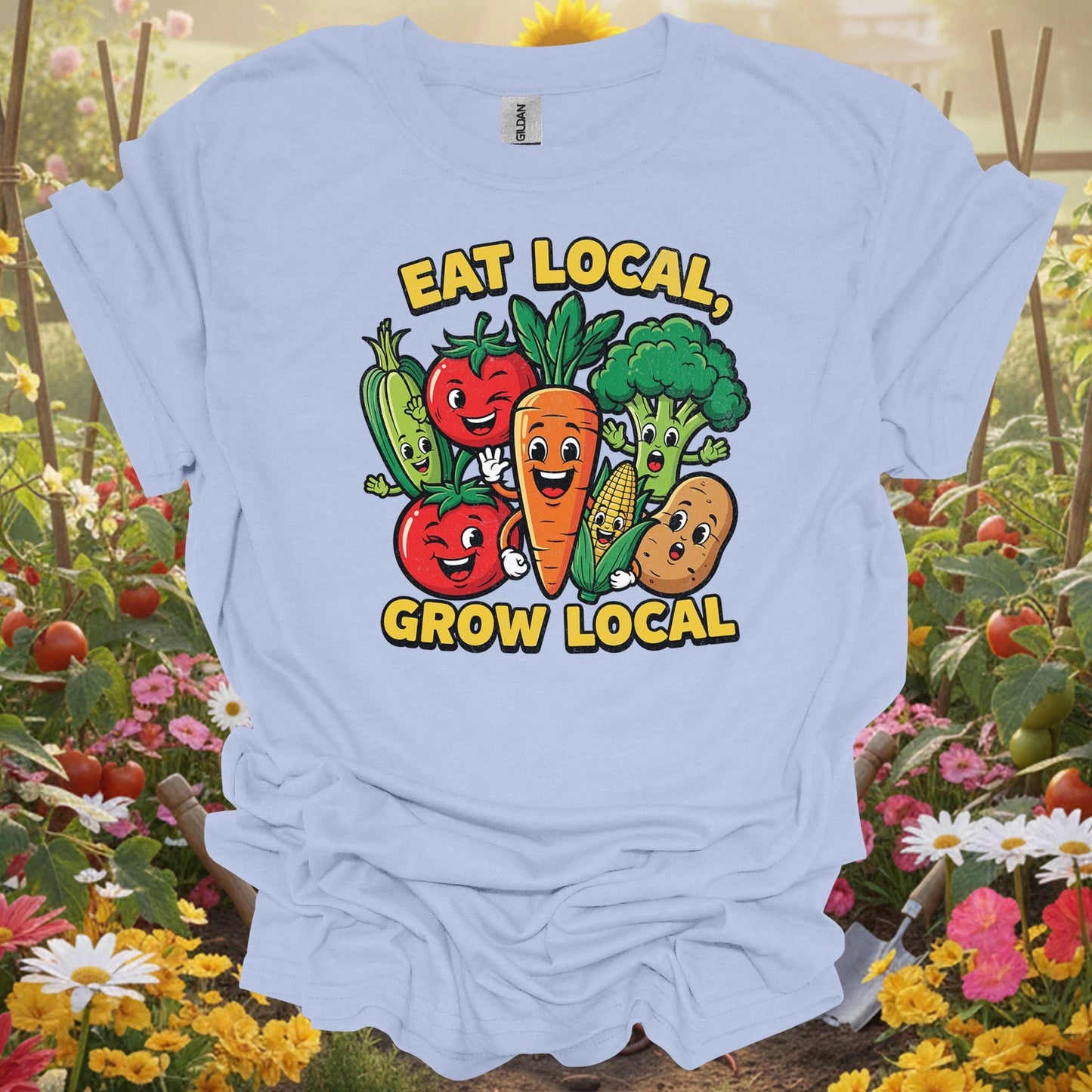 Eat Local, Grow Local 🍅🌽 colorful gardening and sustainability t-shirt - GardeningTshirts