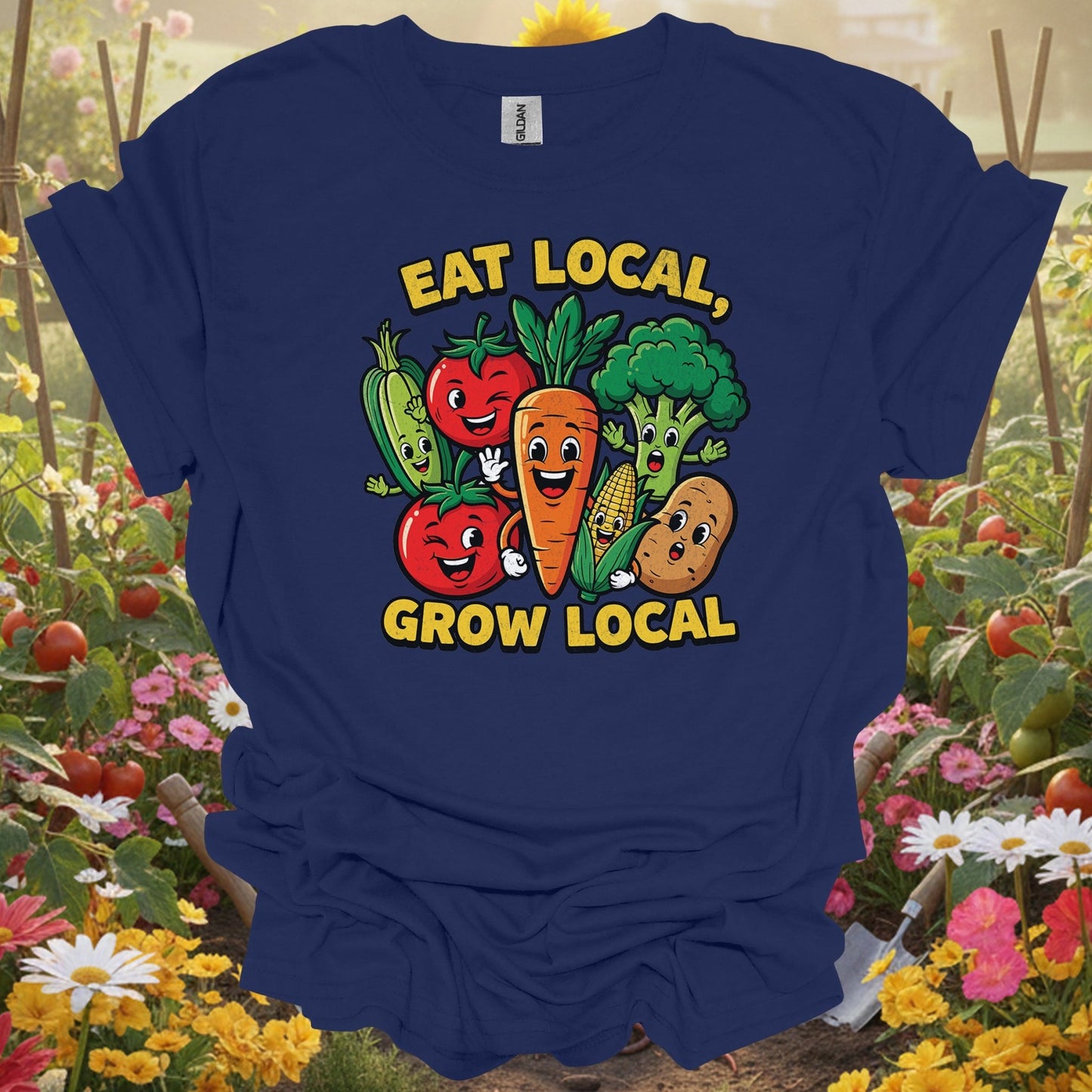 Eat Local, Grow Local 🍅🌽 colorful gardening and sustainability t-shirt - GardeningTshirts
