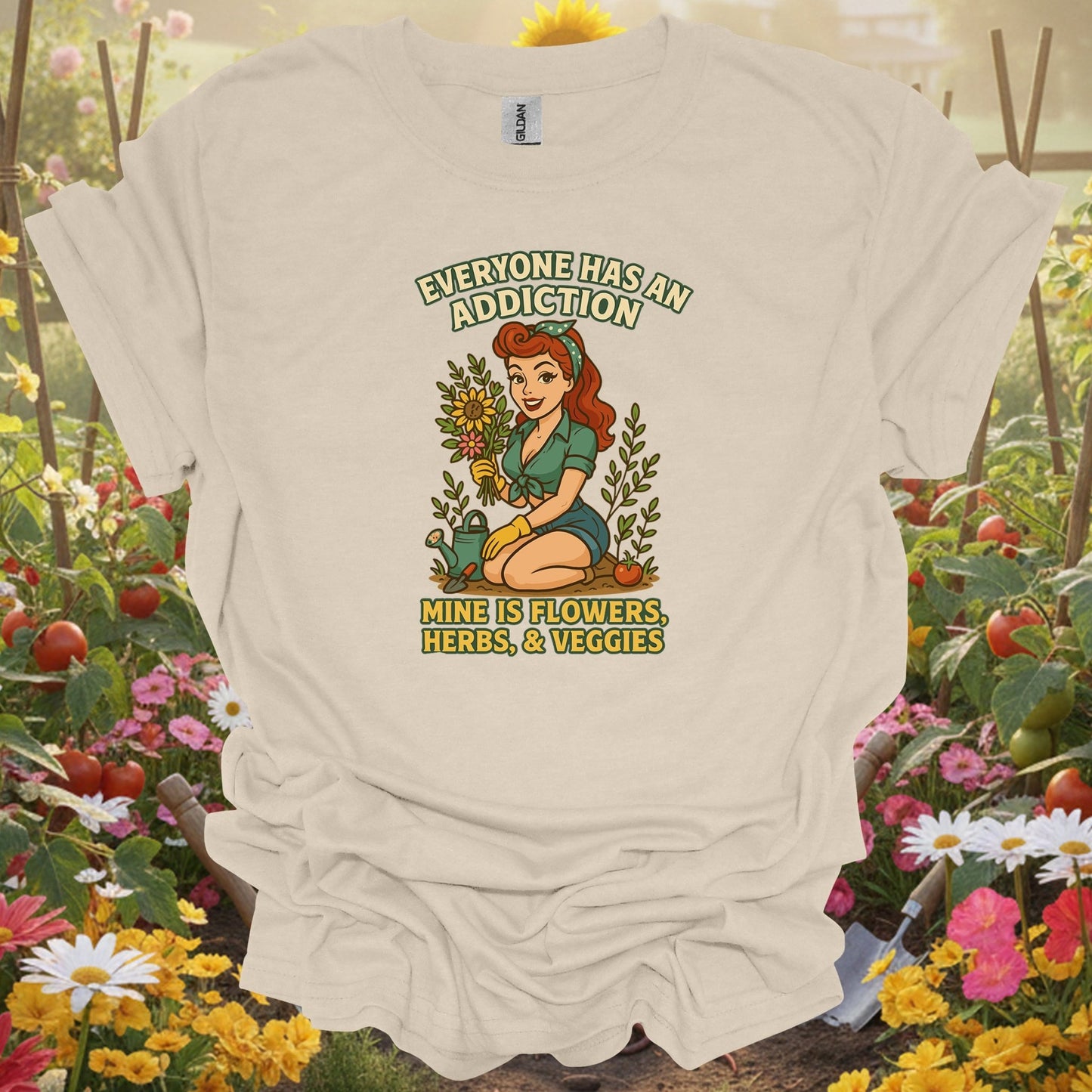 Natural tshirt showing my addiction is flowers funny pin-up for people who love plants
