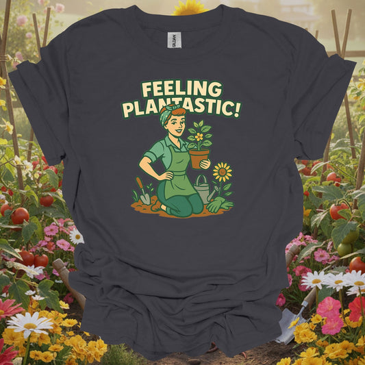 Charcoal tee showing feeling plantastic retro pin up gardener for plant lovers