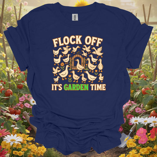 Navy tee showing flock off its garden time funny duck for plant lovers