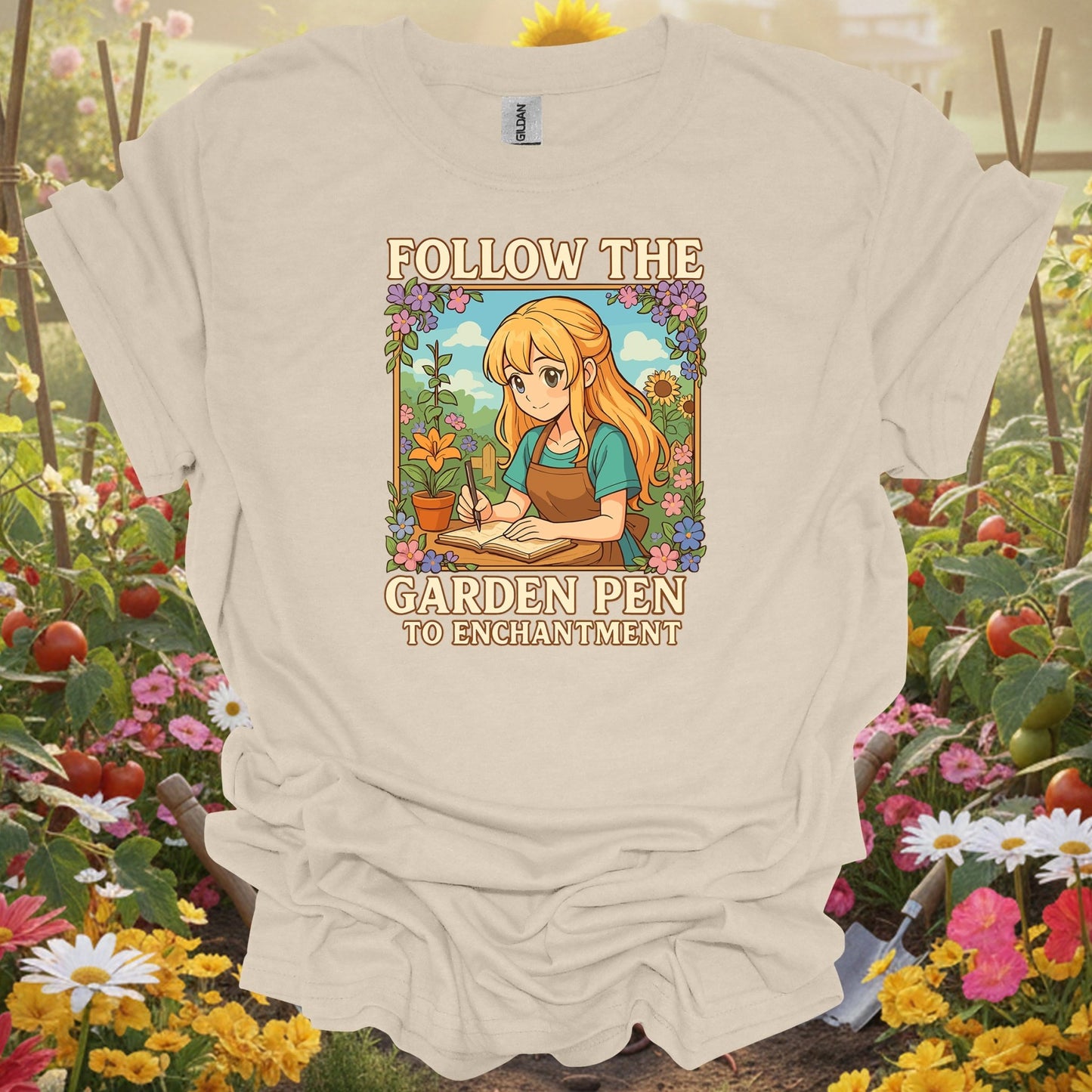 Natural tshirt showing follow the garden pen to enchantment anime for people who love plants