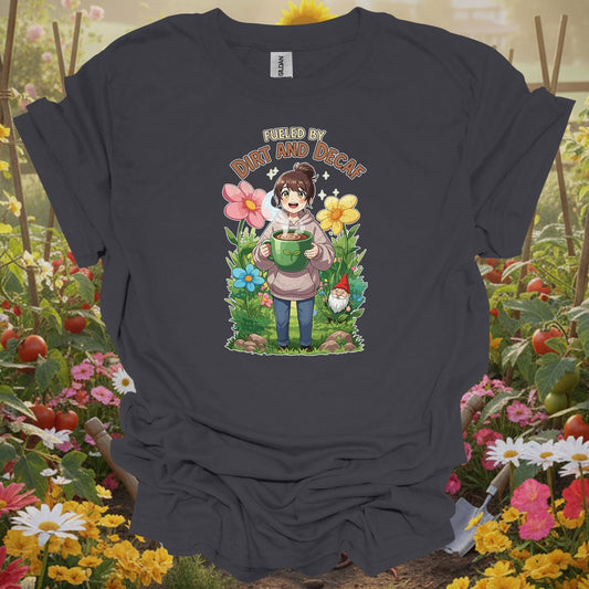 Charcoal tee showing anime fueled by dirt and decaf cute for cute design lovers