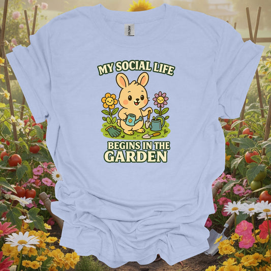 Light Blue tee showing my social life begins in the garden funny rabbit for plant lovers
