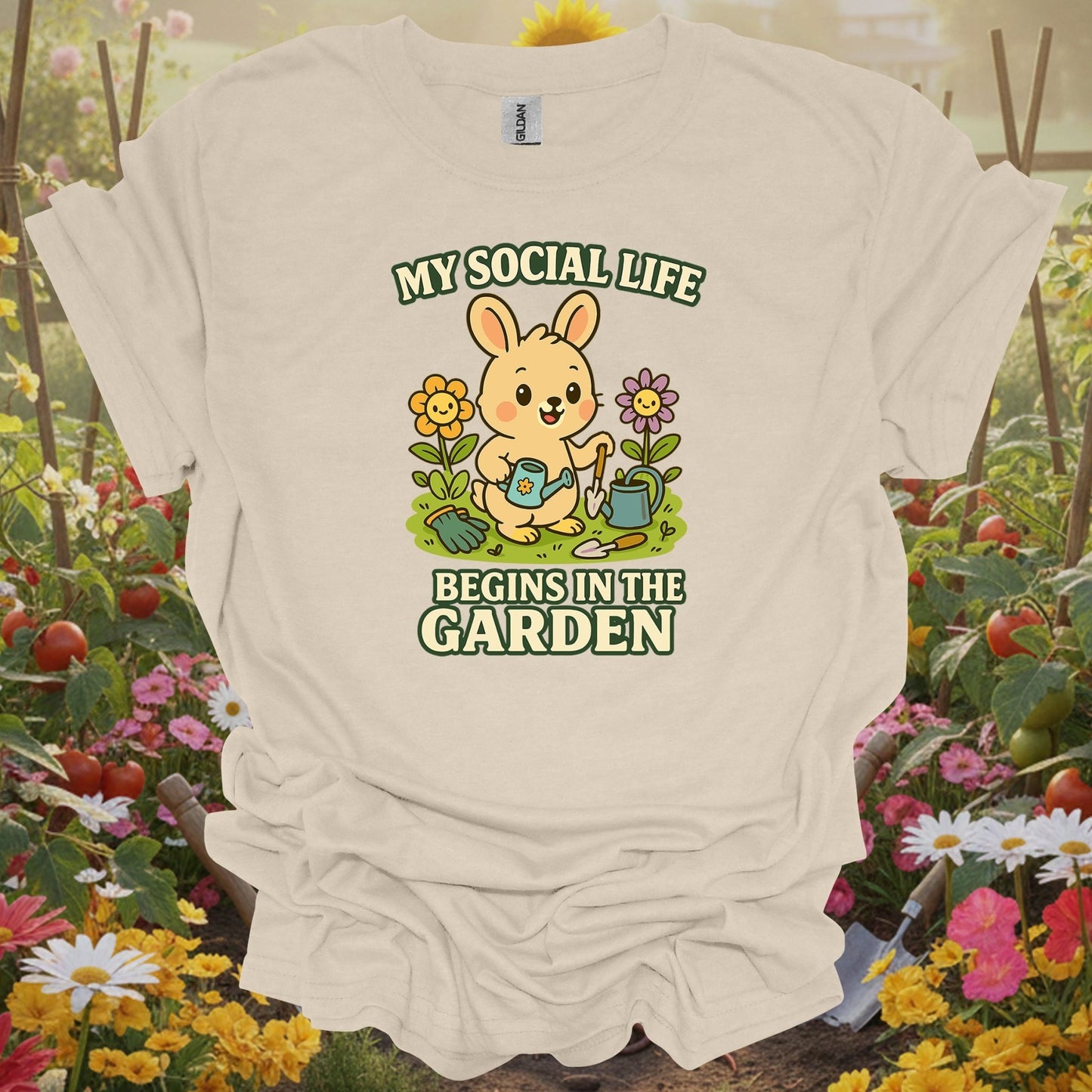 Natural tshirt showing my social life begins in the garden funny rabbit for people who love plants