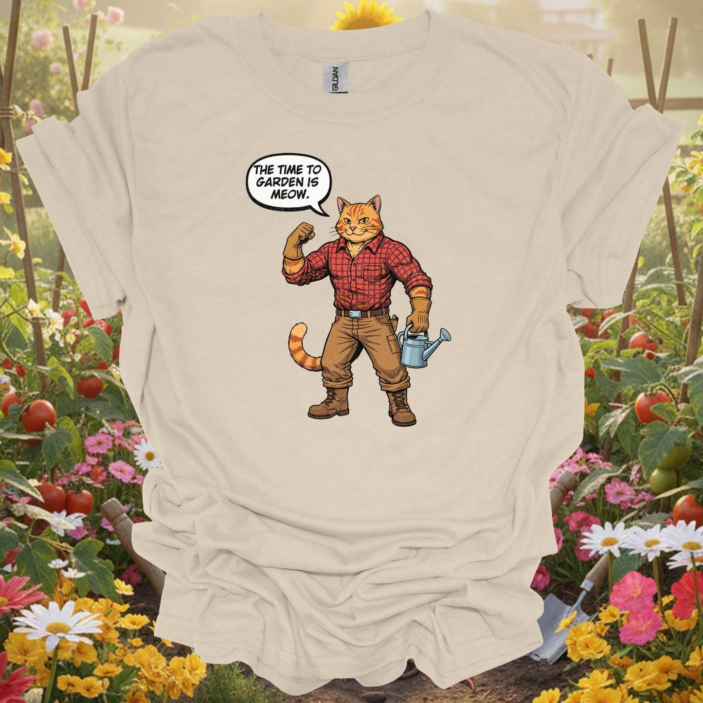 Funny Retro Cat Gardener Pun Distressed "The Time to Garden is Meow" Tee - GardeningTshirts