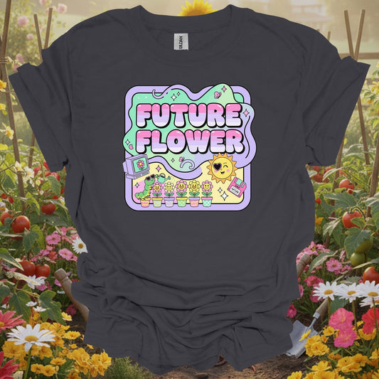 Charcoal tee showing future flower funky retro y2k gardener for plant lovers